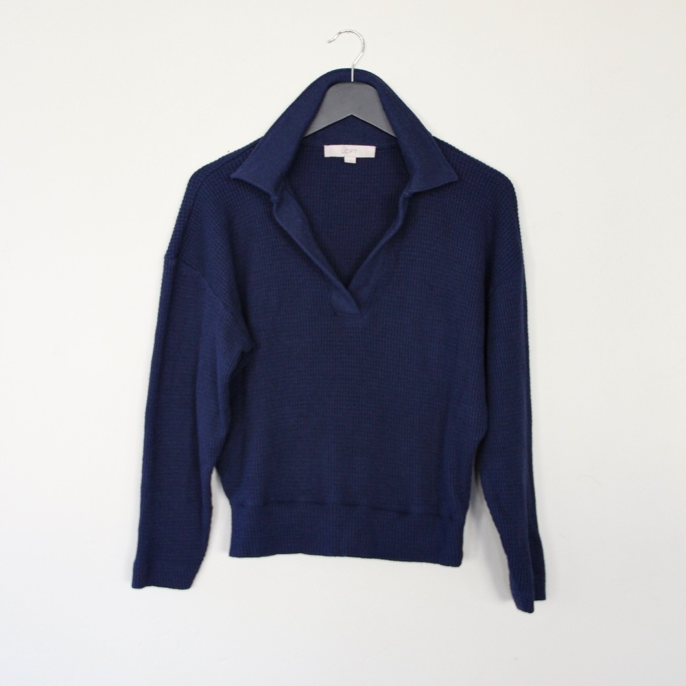 Loft Blue Waffle Knit Collared Pullover Size Small